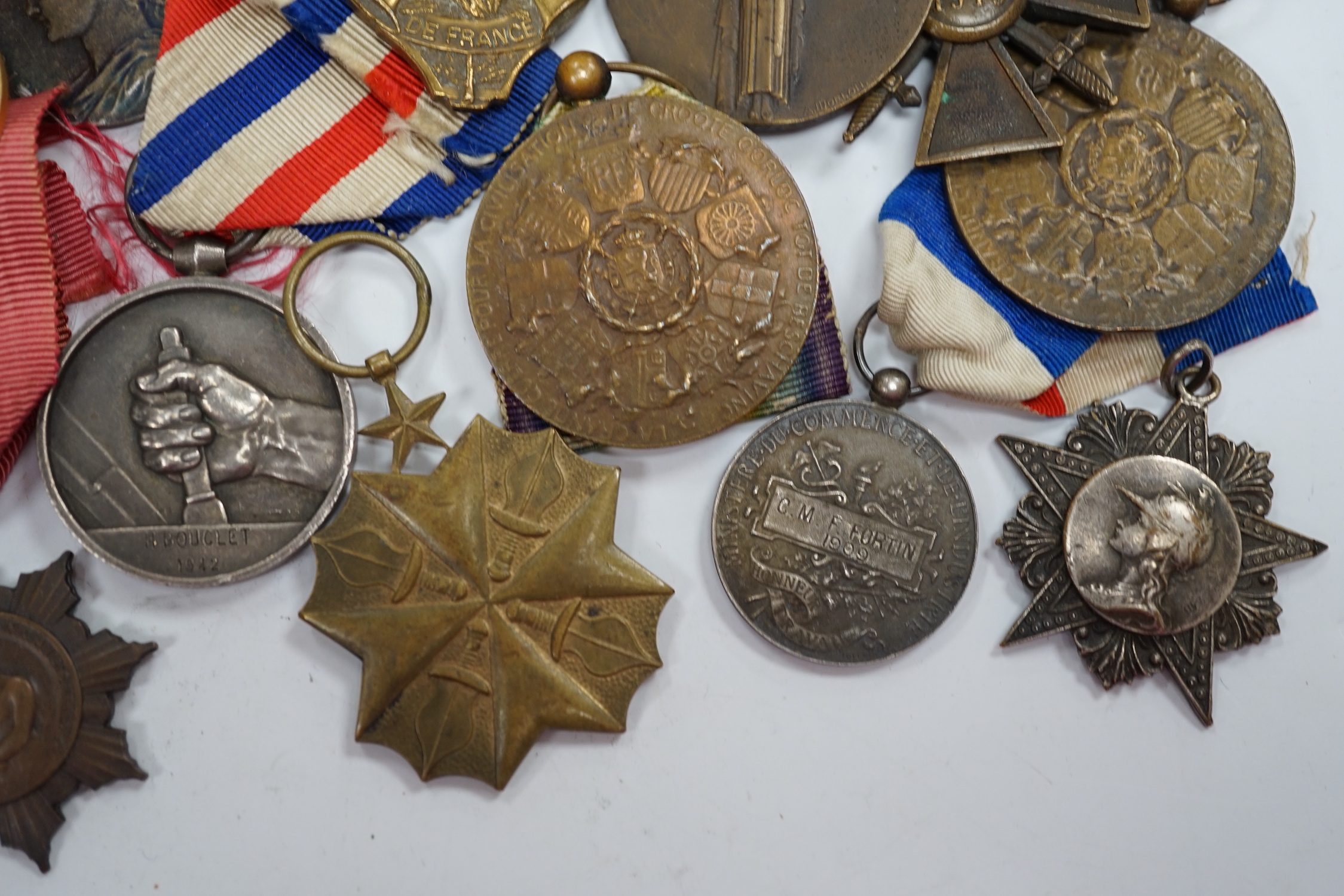 Eighteen French and Belgium medals, etc. including; Medal of Honour, War Cross, Medal of Honour for Physical Education, Victory Medal, etc.